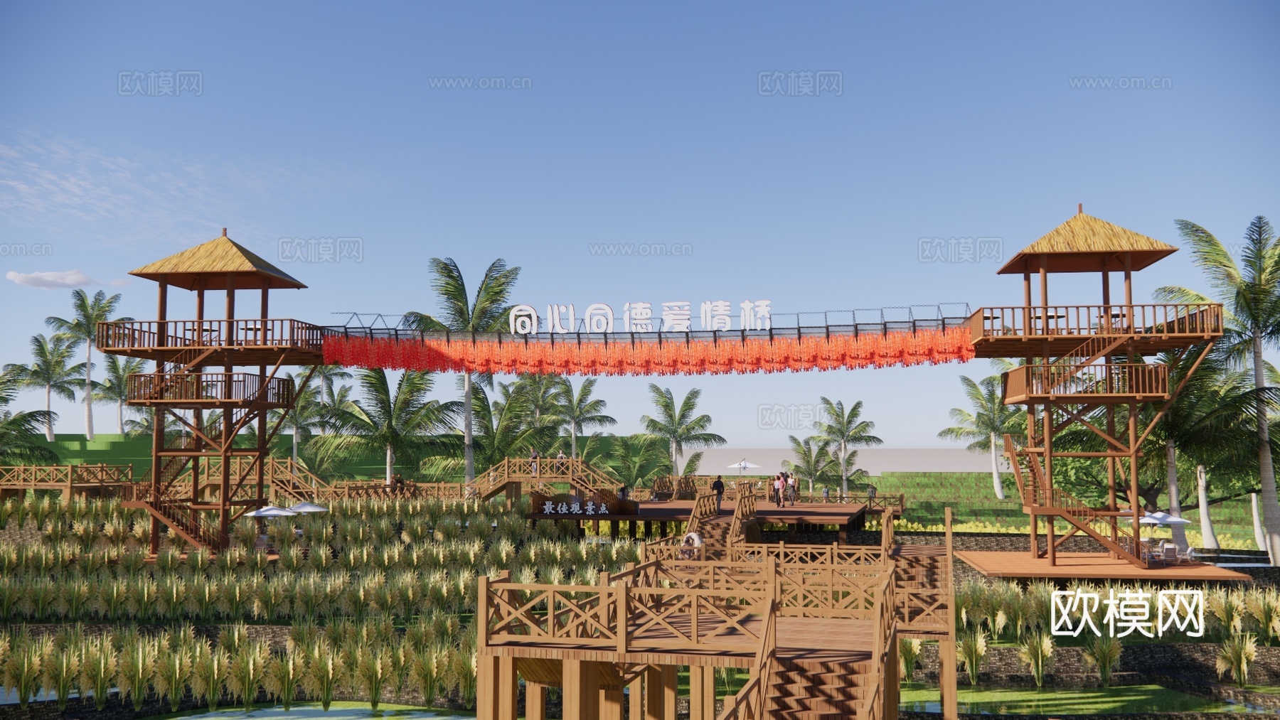 自然风乡村景观桥观景亭su模型下载