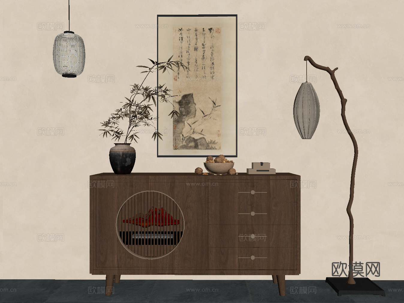新中式边柜 装饰柜 玄关柜 落地灯 吊灯 装饰画su模型