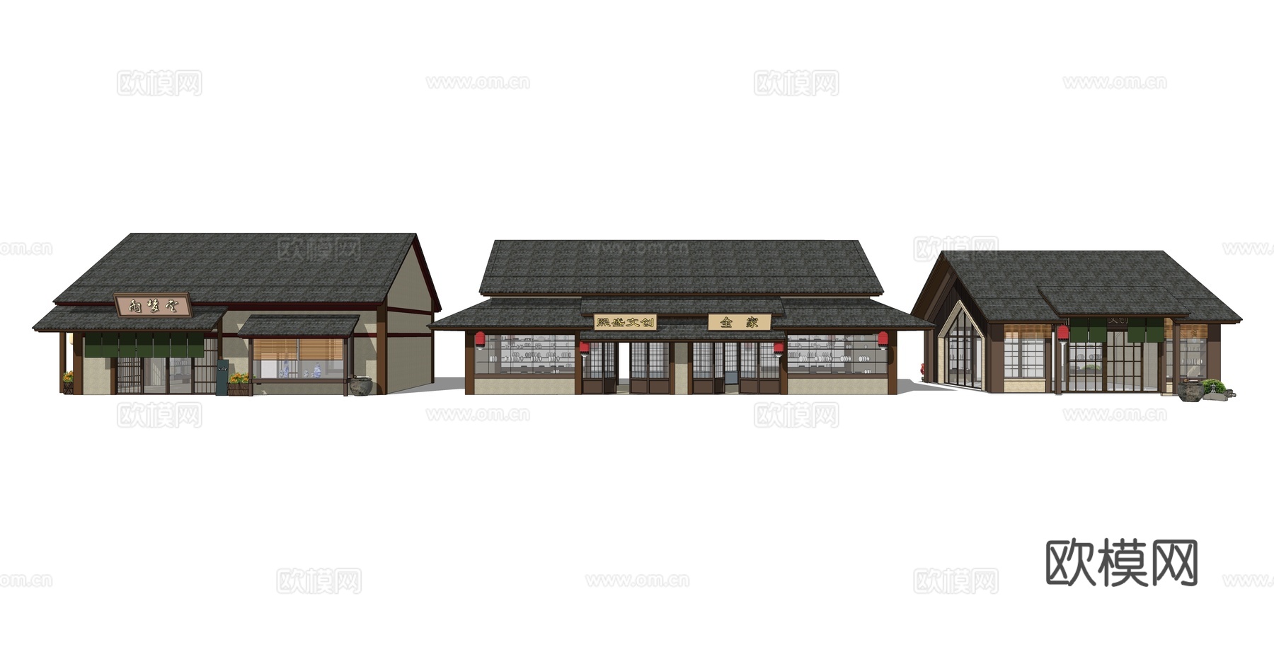 新中式商铺建筑外观su模型下载