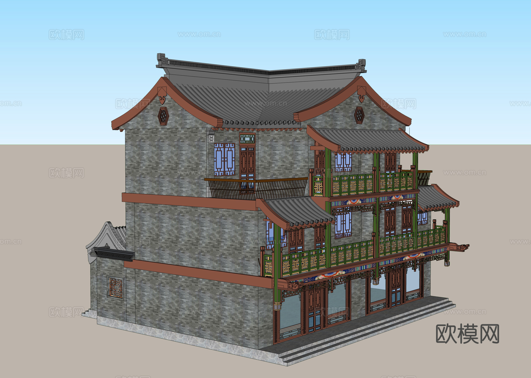中式商业建筑外观su模型下载