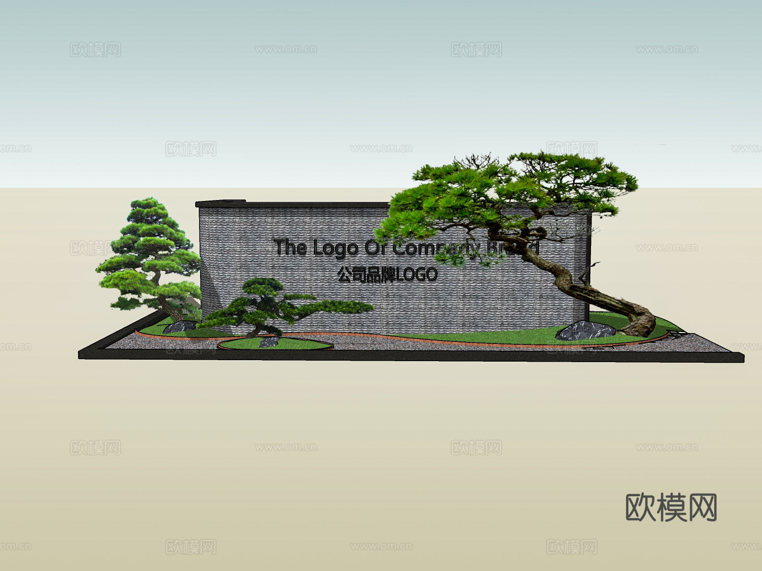 新中式松树景墙园艺小品su模型下载