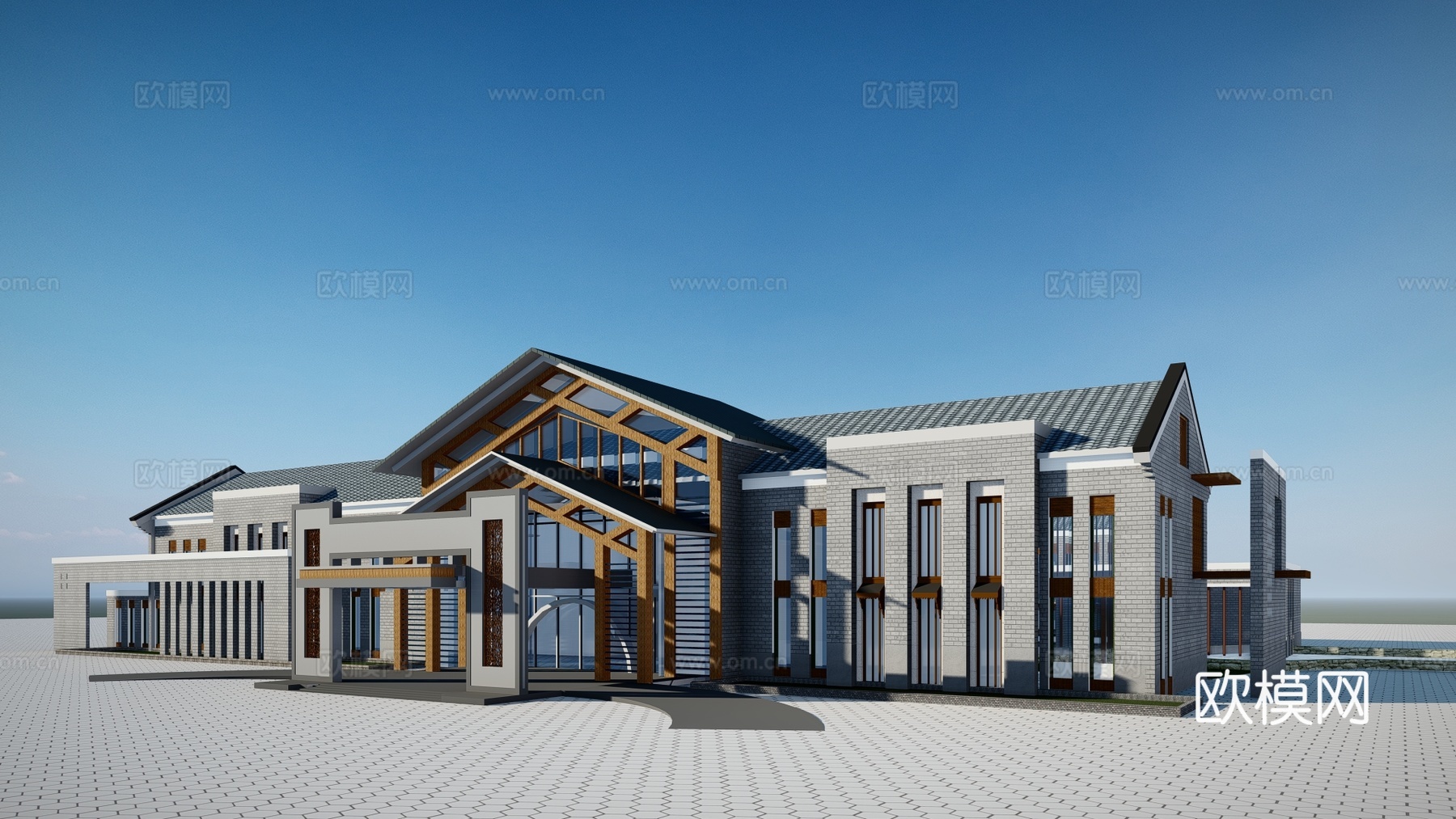 新中式酒店建筑外观su模型下载