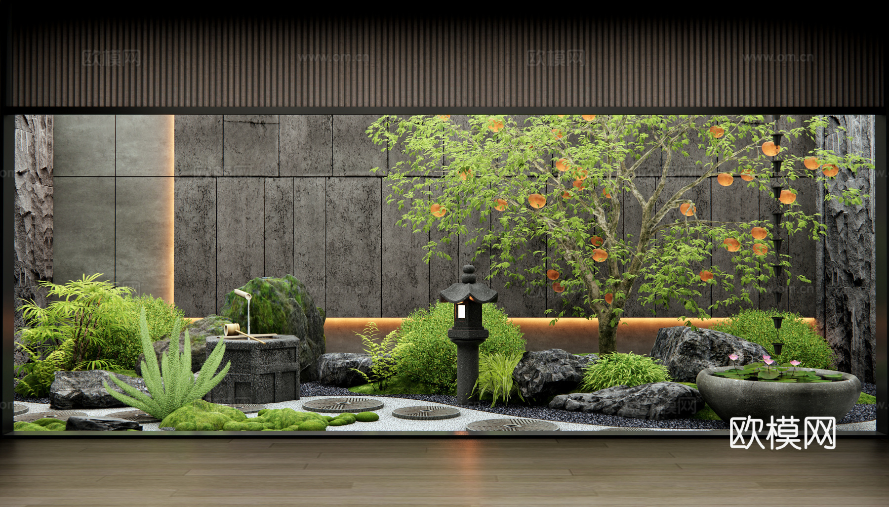 新中式下沉天井庭院 室内景观造景 枯山水 汀步 柿子树3d模型