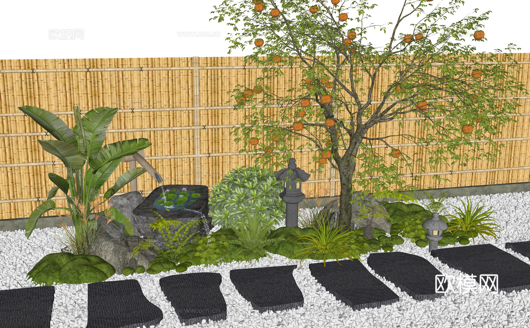 日式新中式庭院景观小品 柿子树 石板汀步 植物组合 水钵水景su模型