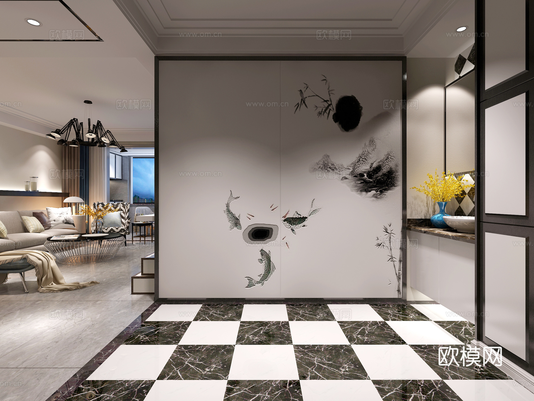 现代客餐厅沙发茶几 餐桌椅 吊灯挂画 鞋柜电视柜3d模型