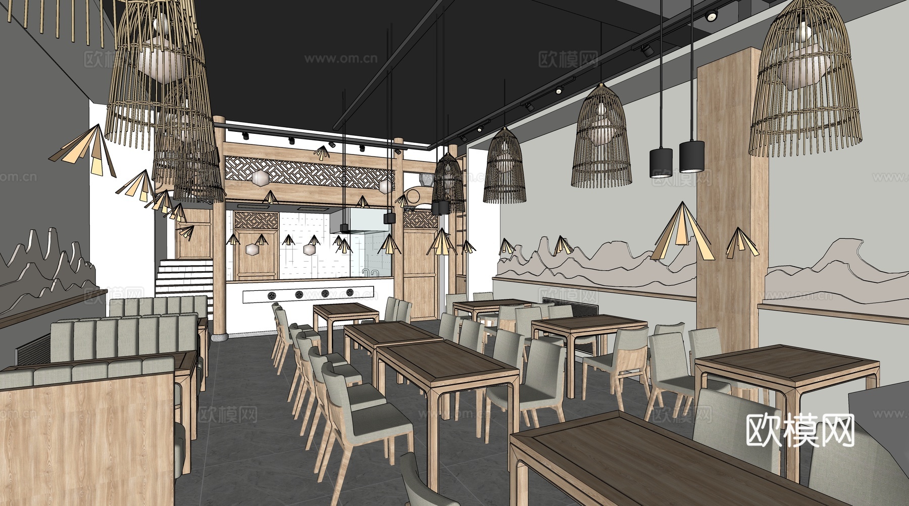  新中式快餐店su模型下载