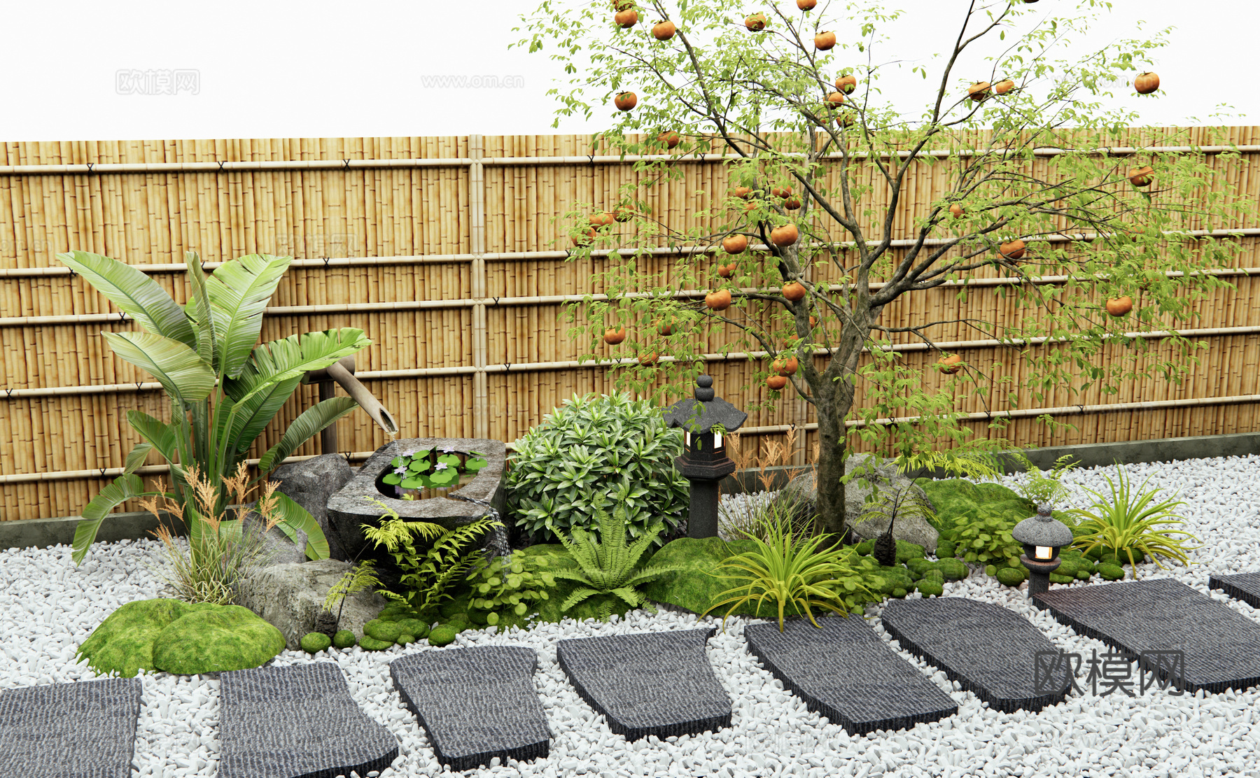 日式新中式庭院景观小品 柿子树 石板汀步 植物组合 水钵水景su模型
