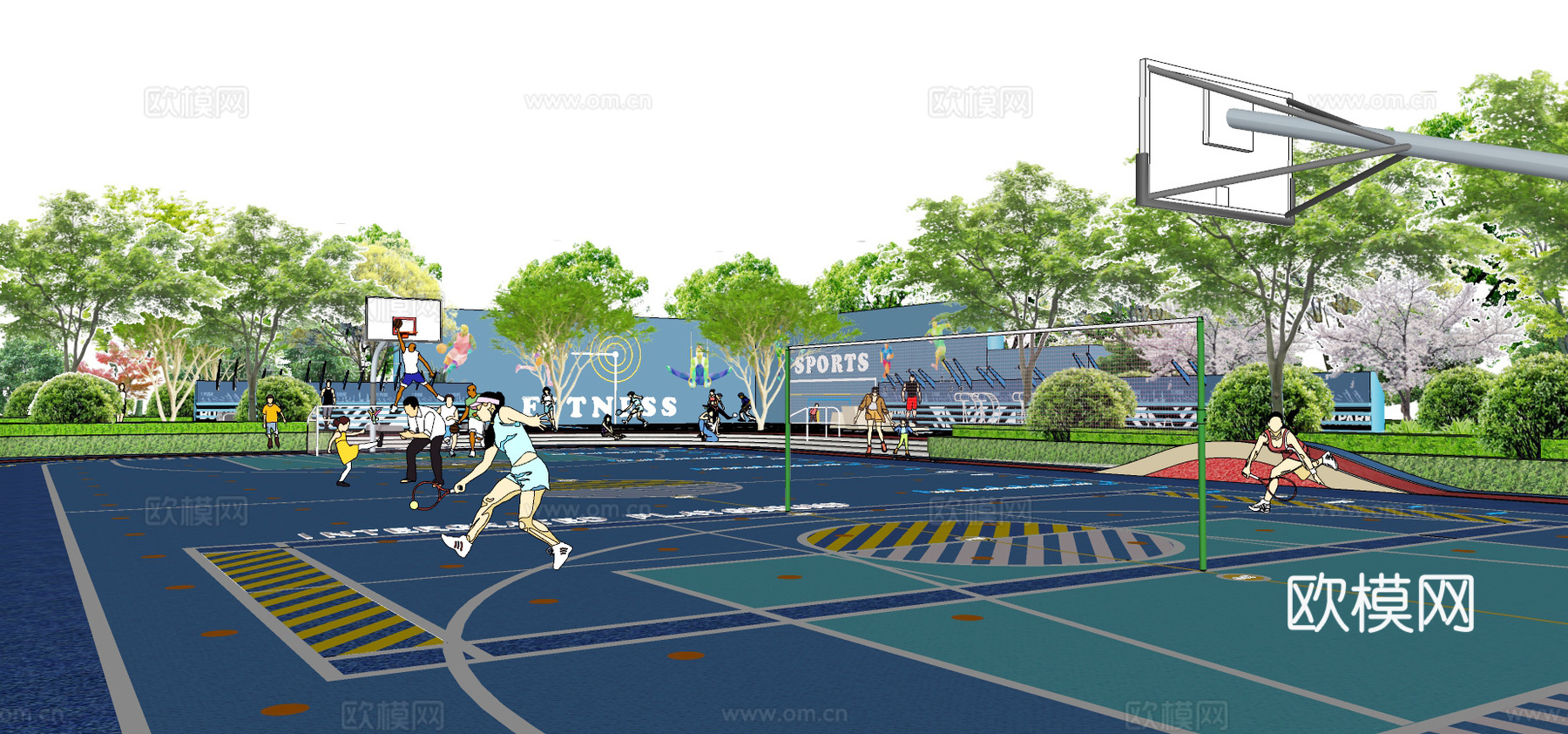 现代室外篮球场su模型下载下载（渲染图2）