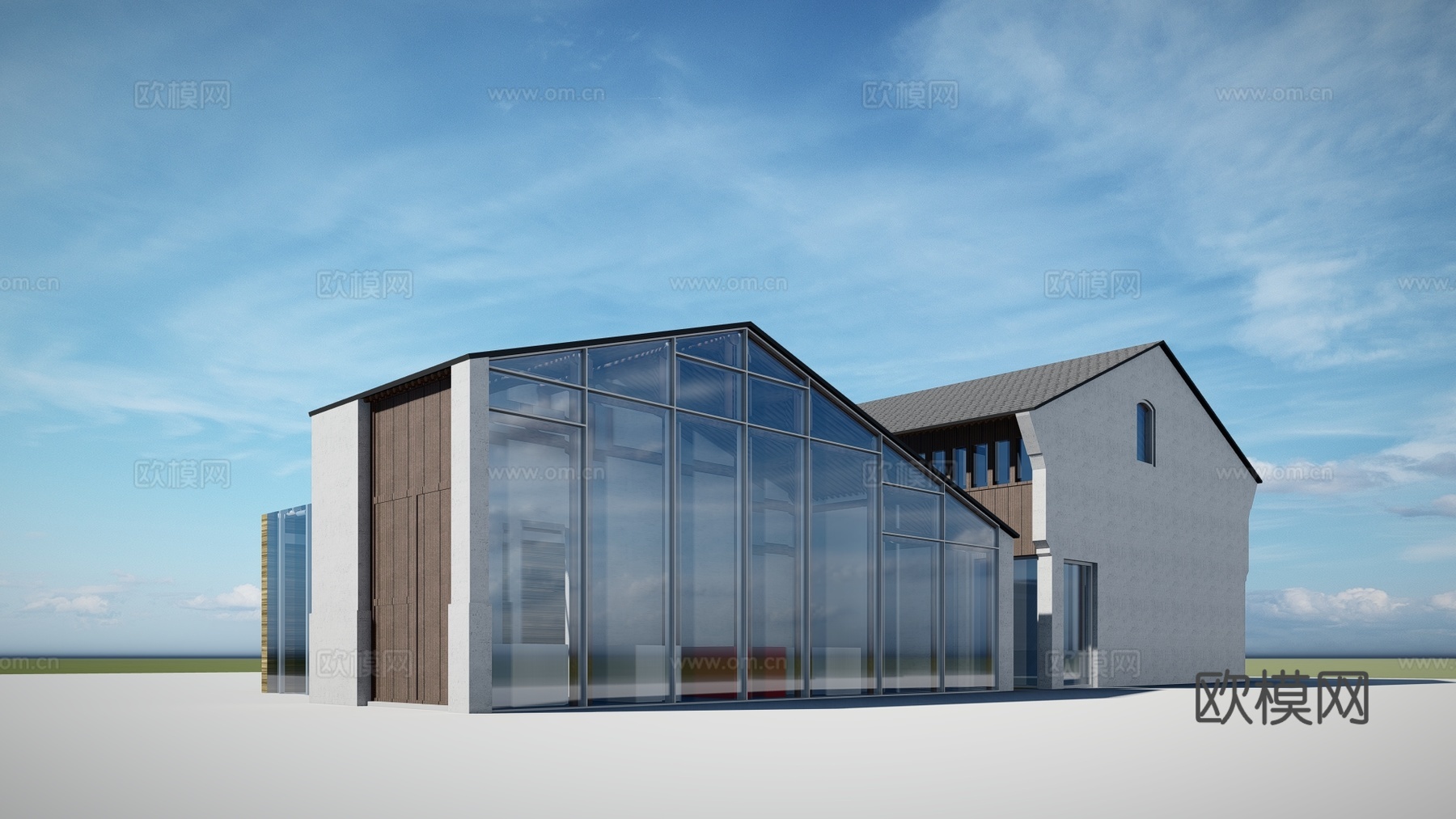 新中式商铺建筑外观su模型下载