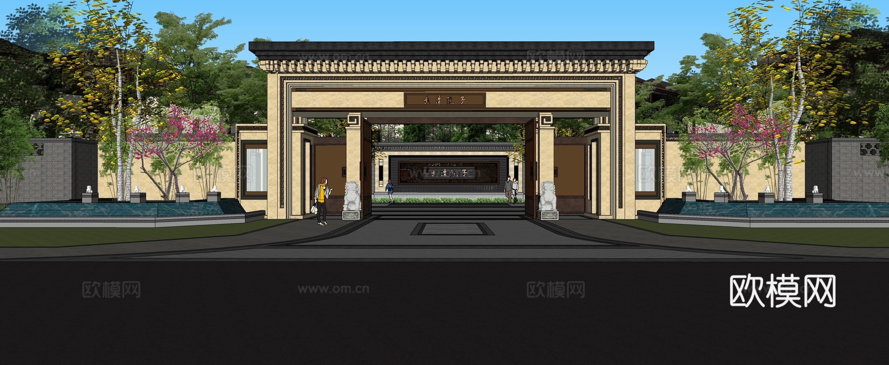 新中式小区入口大门su模型下载
