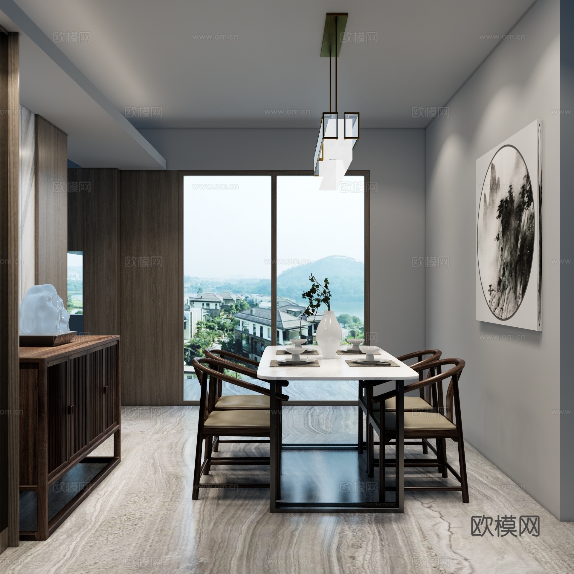新中式餐厅su模型下载
