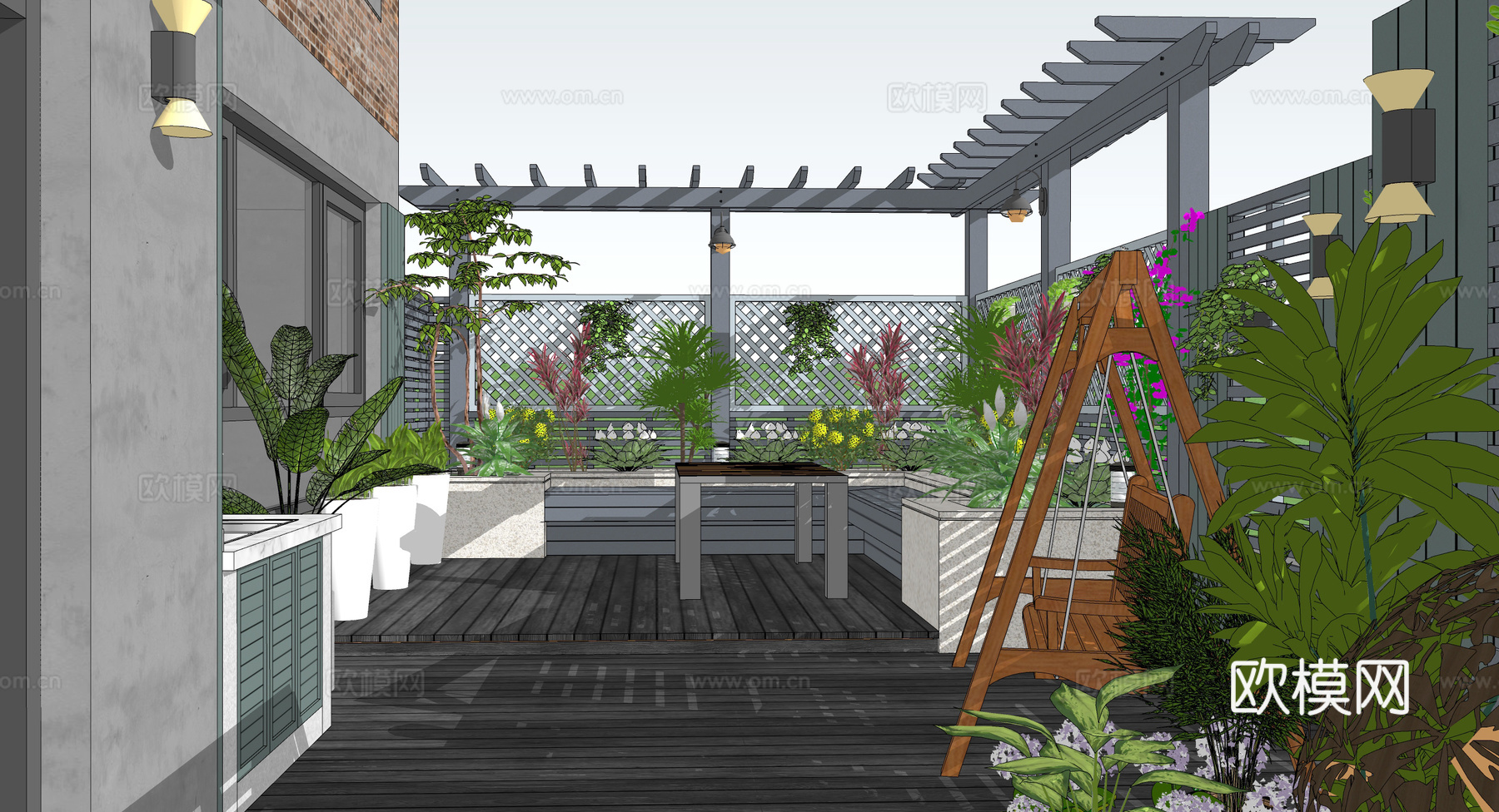 现代屋顶花园su模型下载