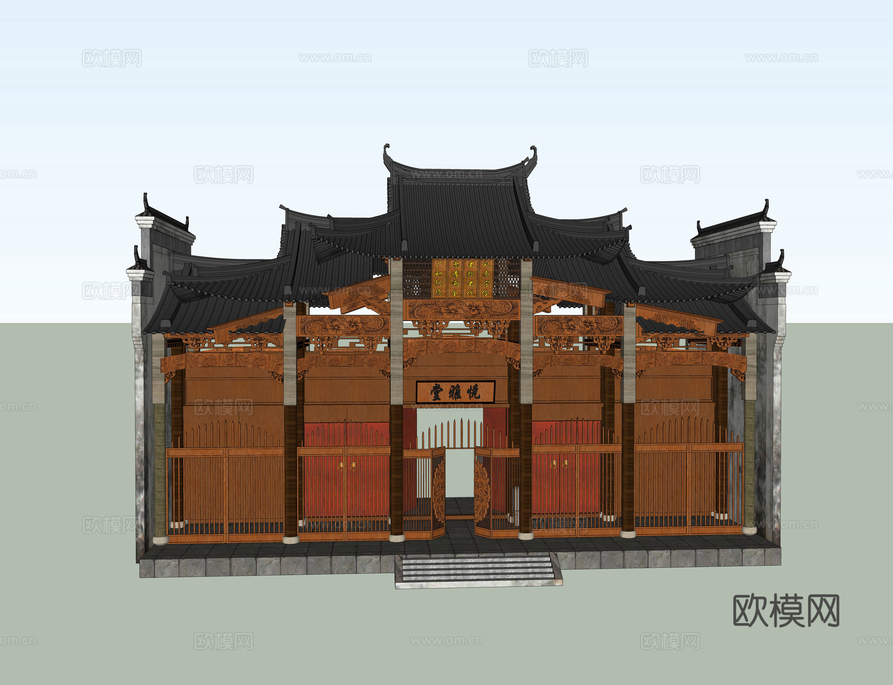 中式古建祠堂外观su模型下载