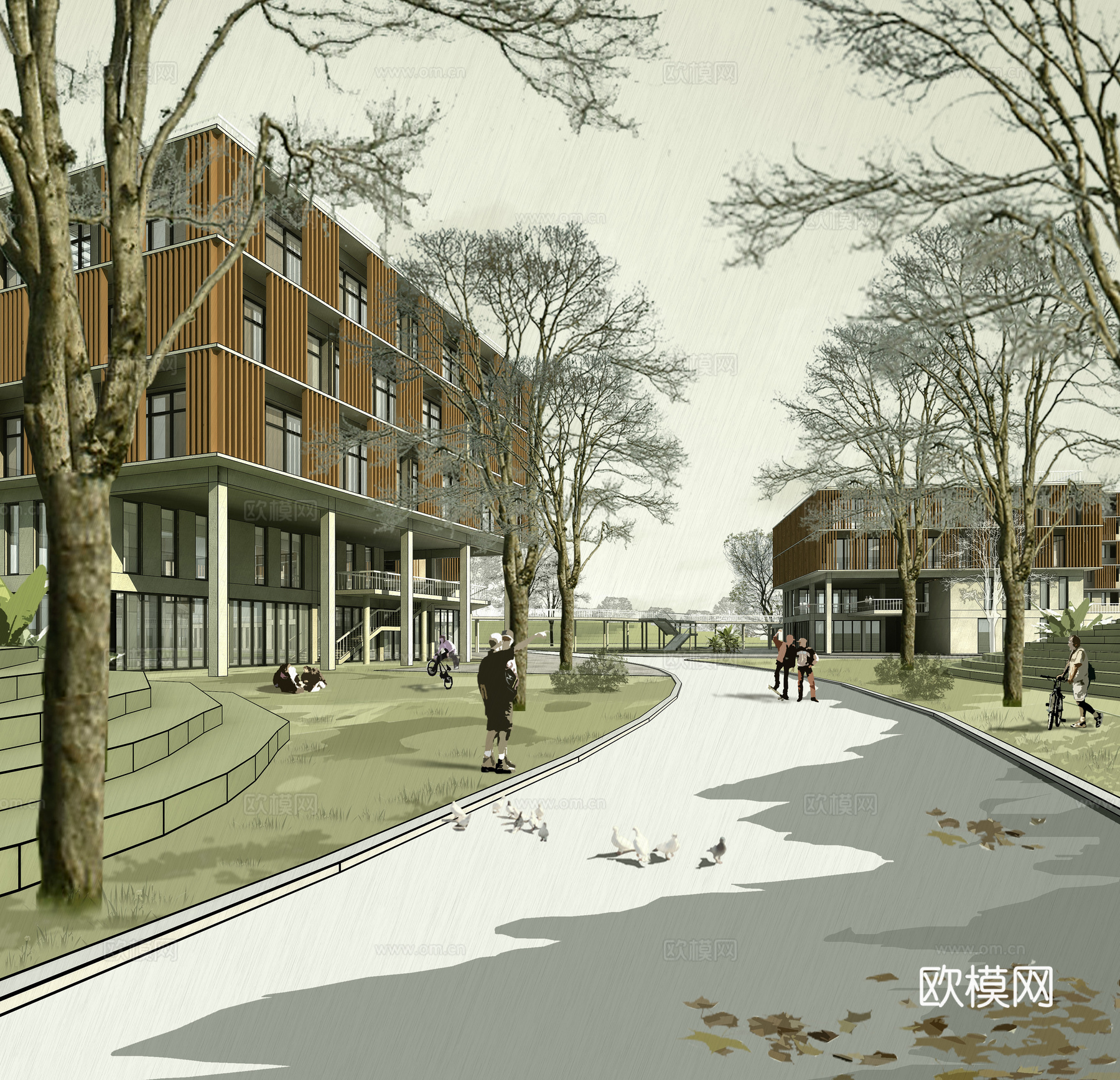 现代教学楼外观su模型下载