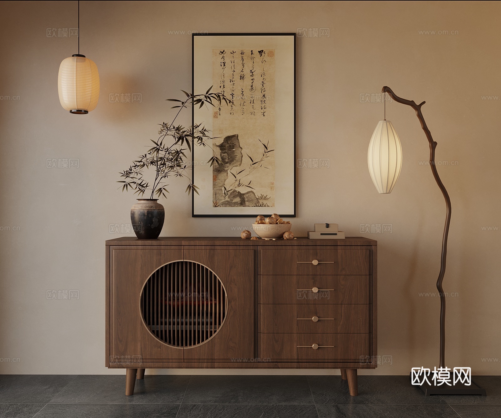 新中式边柜 装饰柜 玄关柜 落地灯 吊灯 装饰画su模型