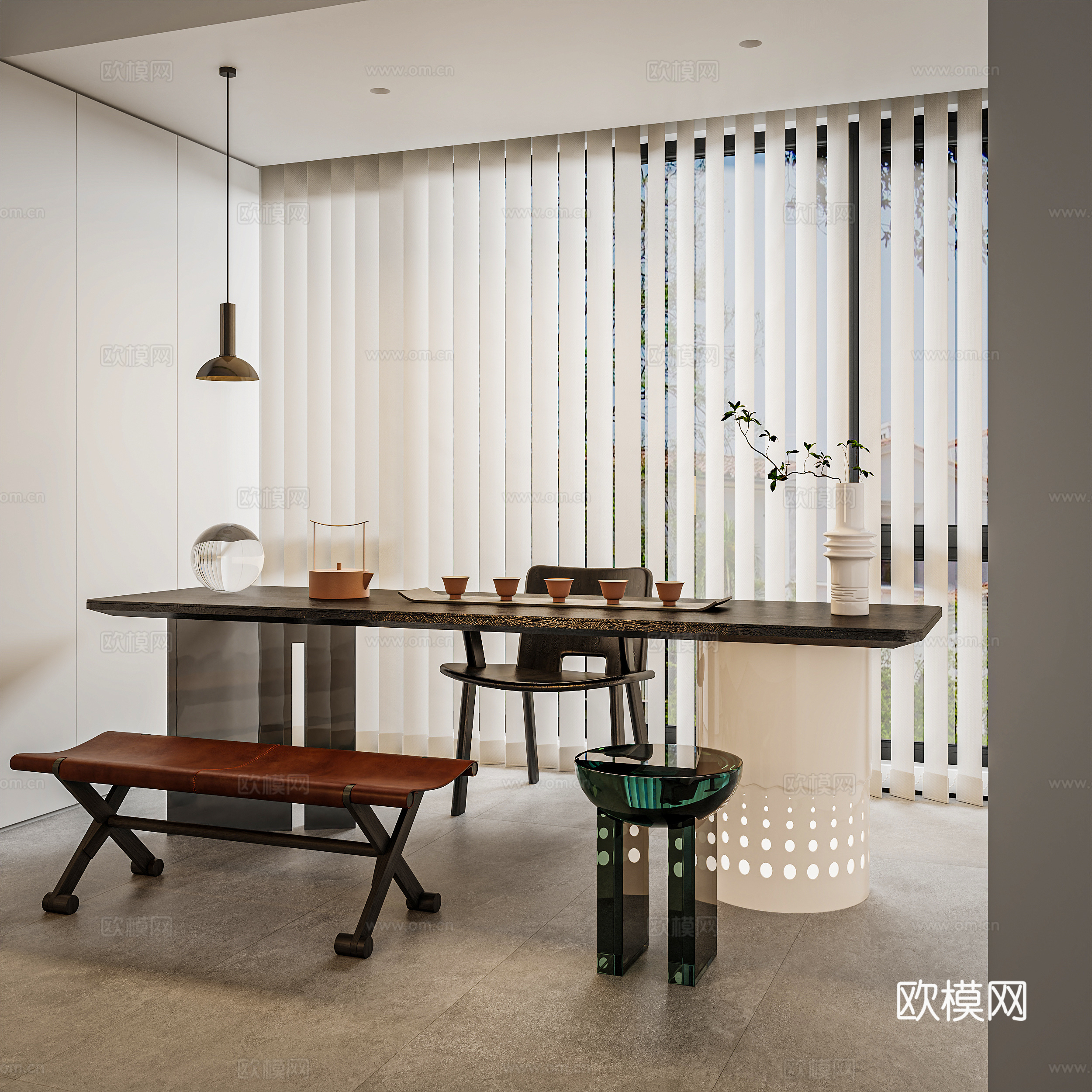 新中式茶桌椅组合  茶具吊灯组合 单椅折叠凳3d模型