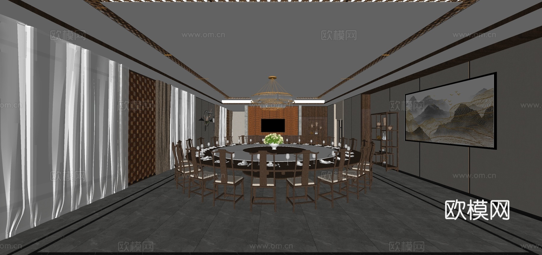 新中式餐厅包房su模型下载