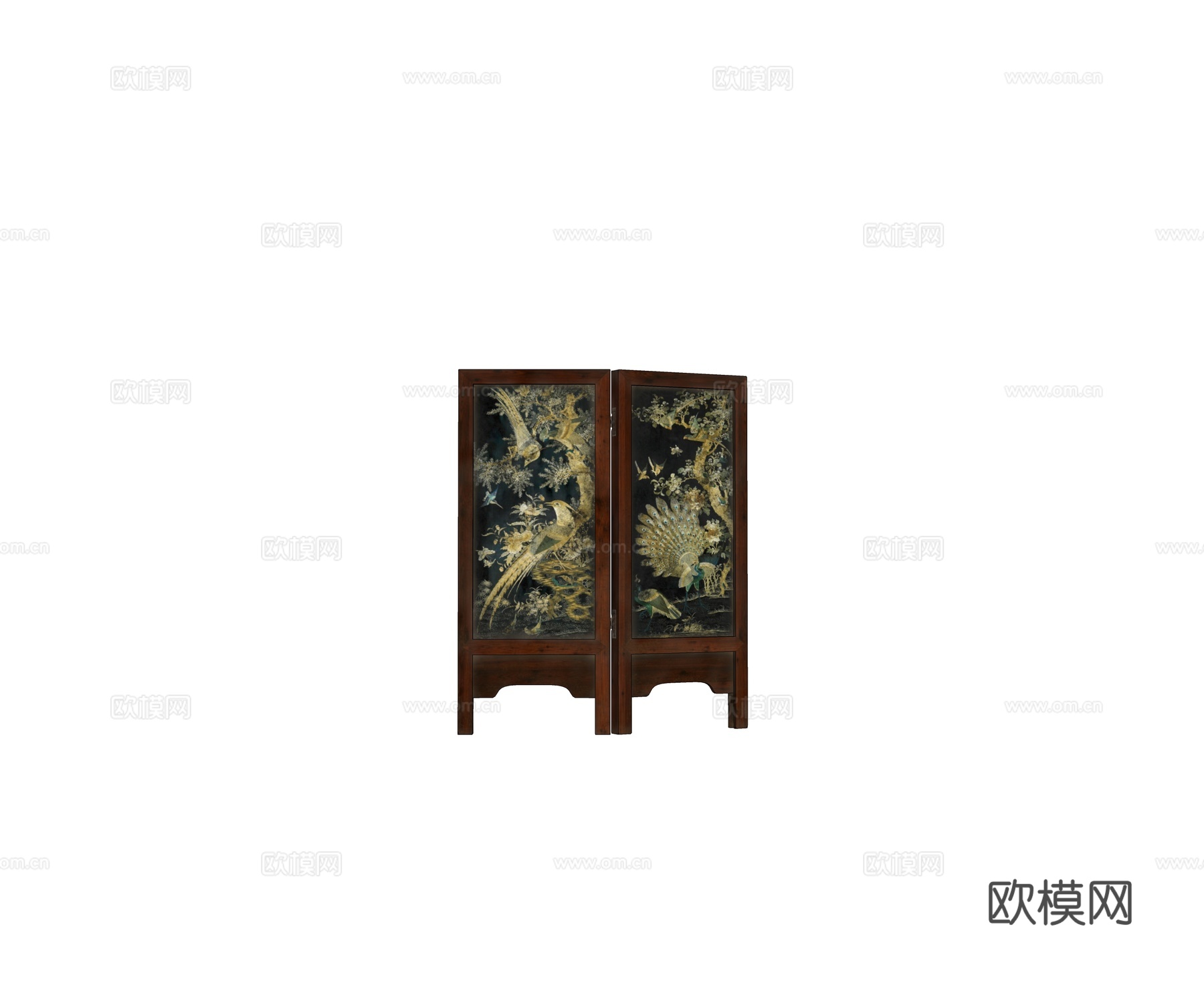 中式红木家具 折叠屏风 孔雀屏风su模型