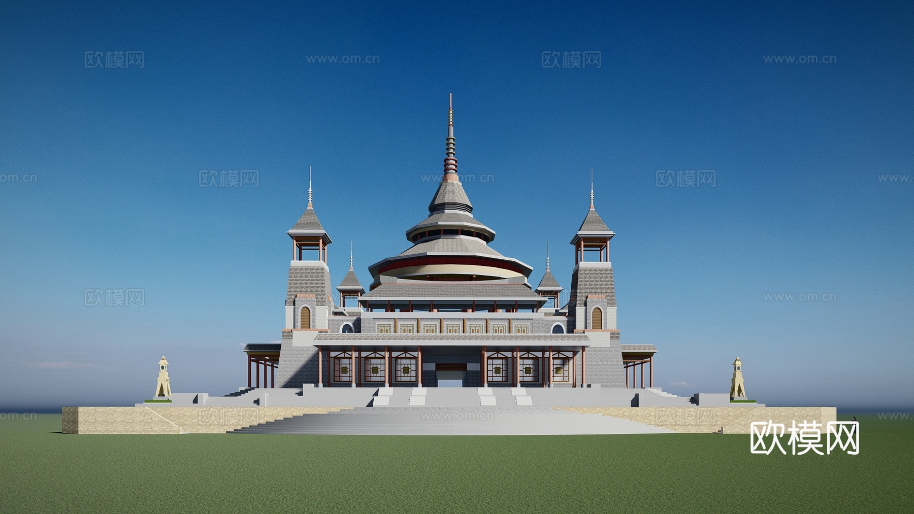 新中式古建宫殿建筑外观su模型下载