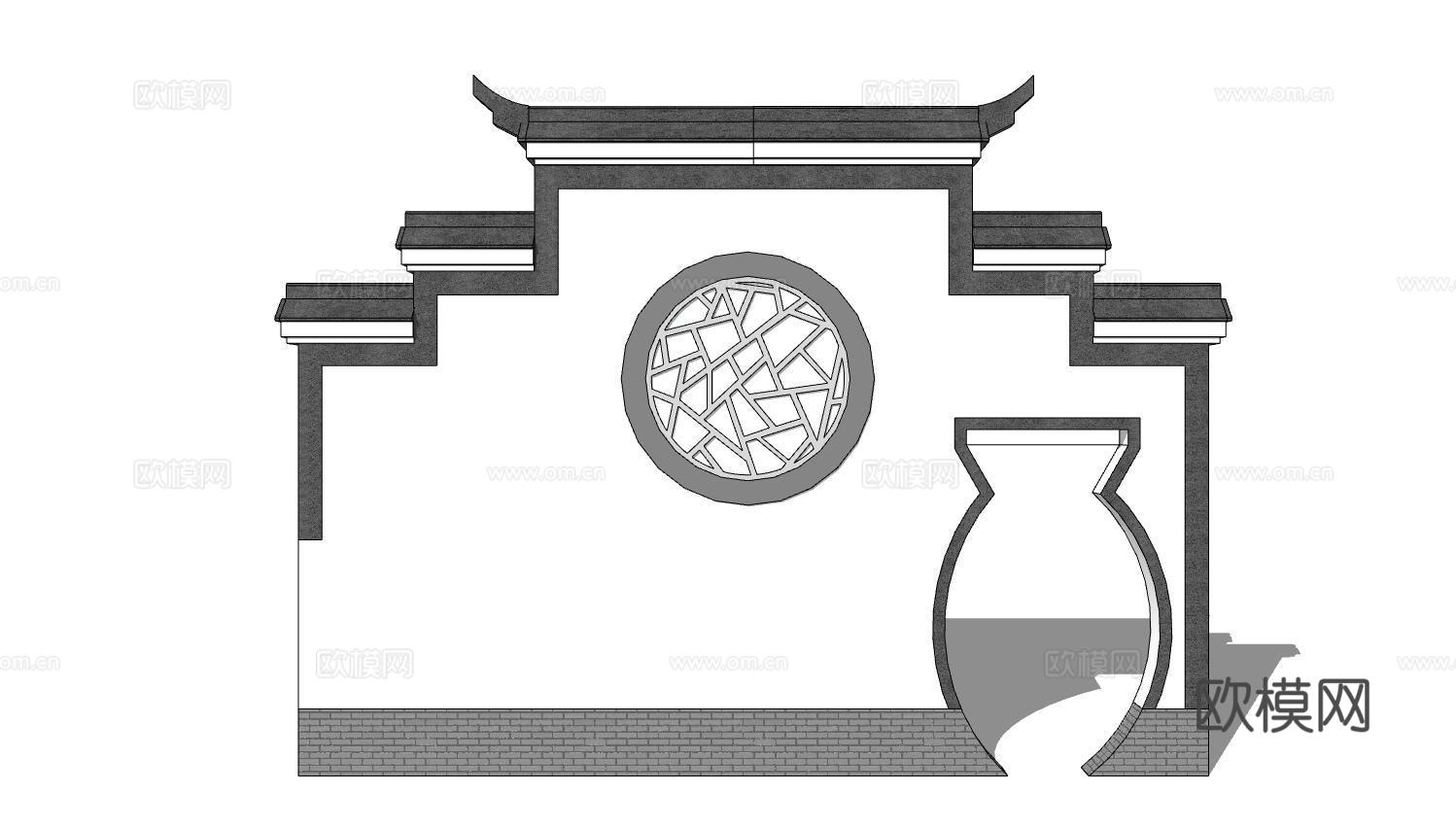新中式文化景观墙su模型下载