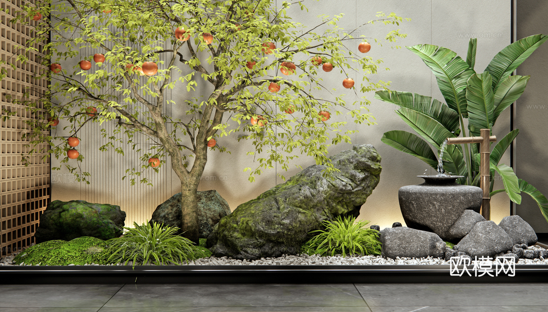 现代室内植物景观 柿子树 果树 景观石头 庭院小品 水景3d模型