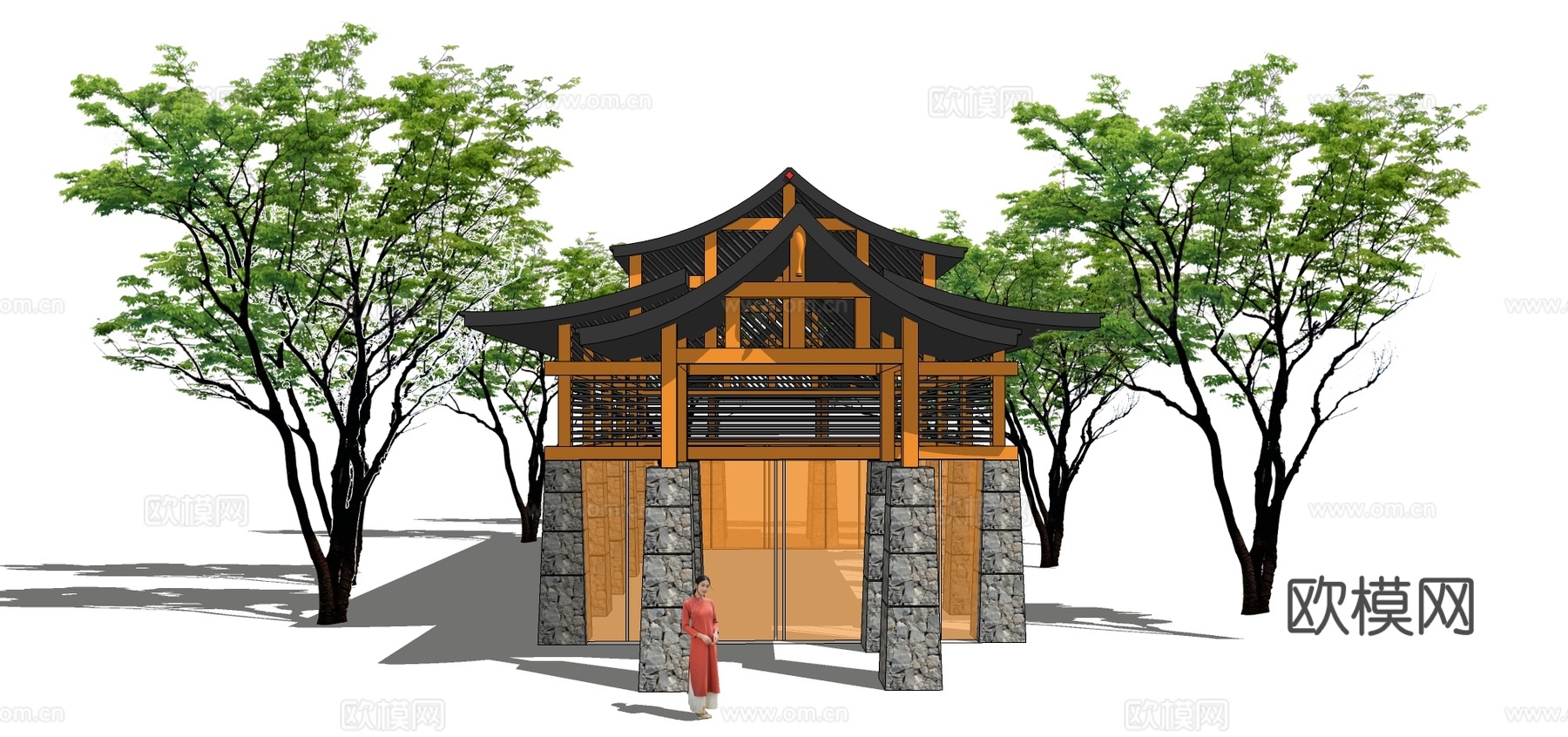 新中式仿古建筑外观su模型下载