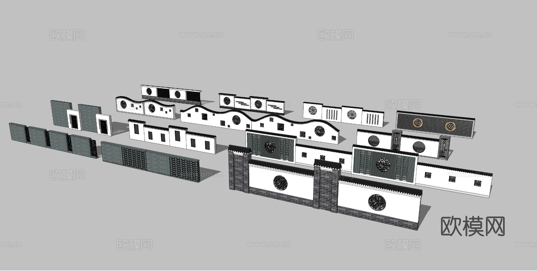 新中式围墙景观墙su模型下载