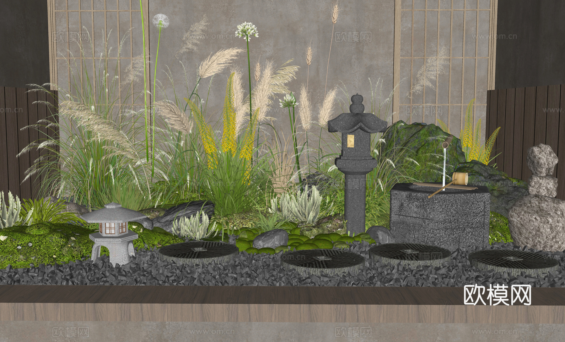 日式室内景观 庭院小品 芦苇 植物组合 汀步 石头水钵 花境su模型