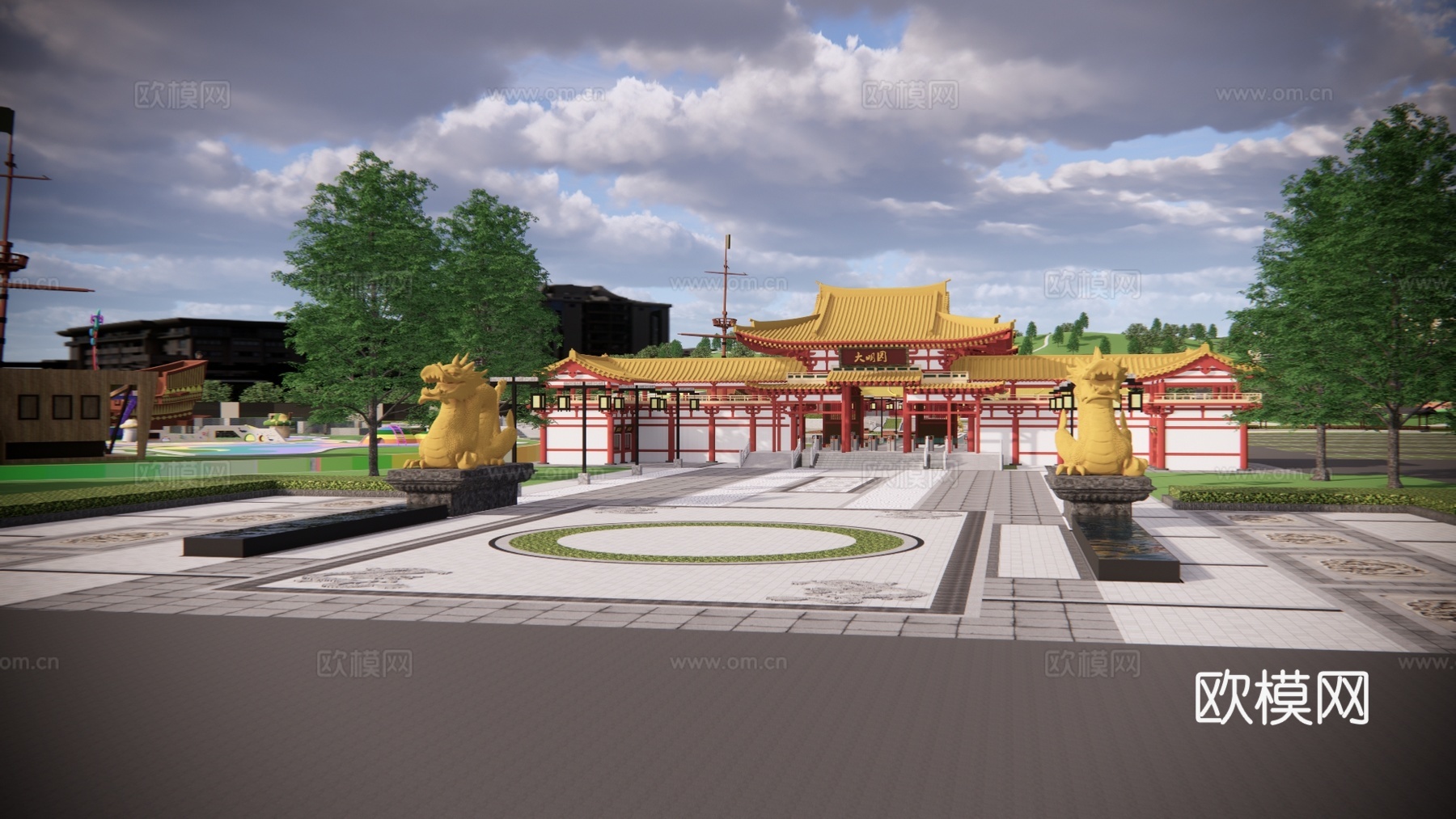 新中式旅游景区鸟瞰su模型下载