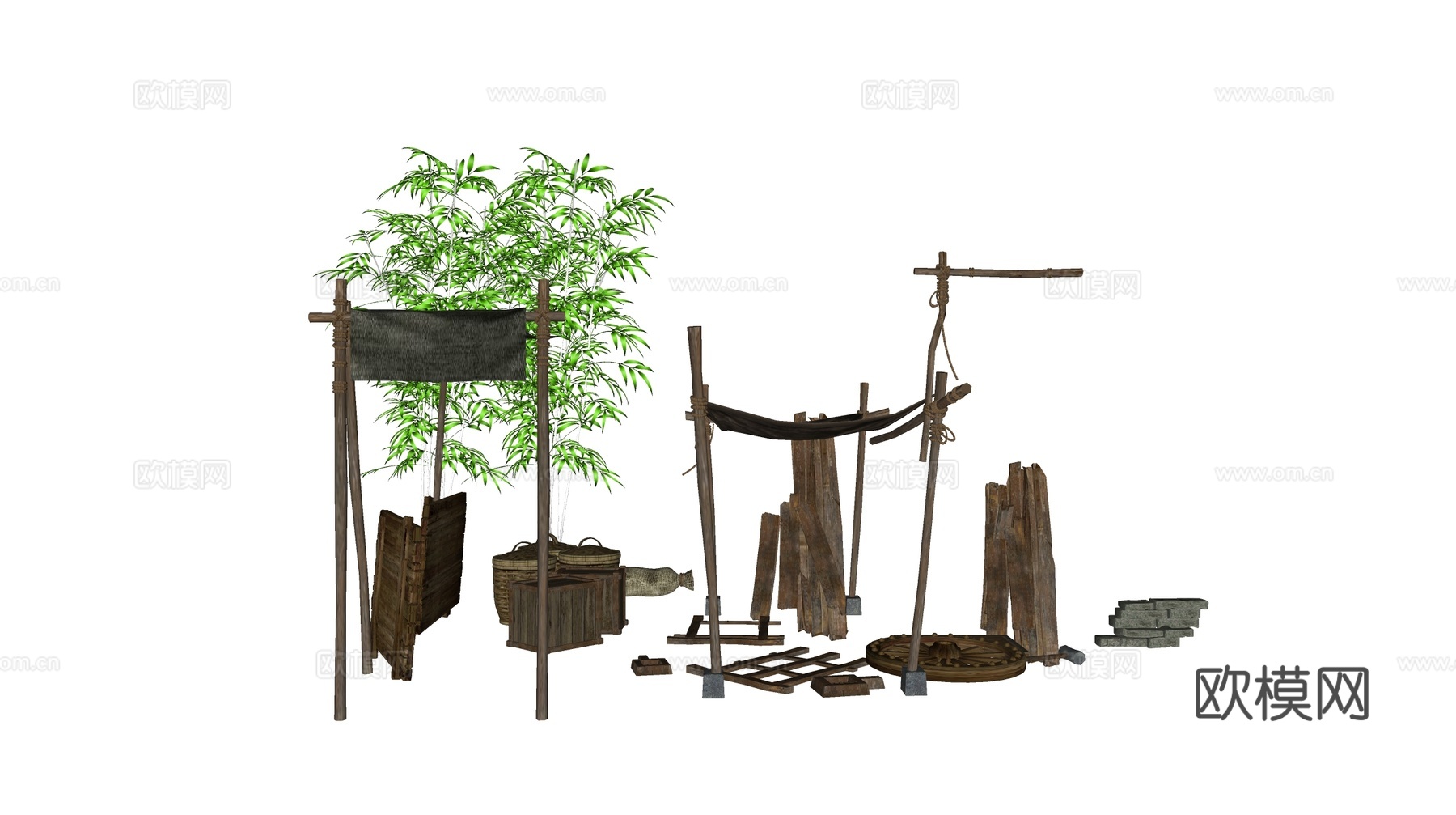 新中式木头绿植景观小品su模型下载