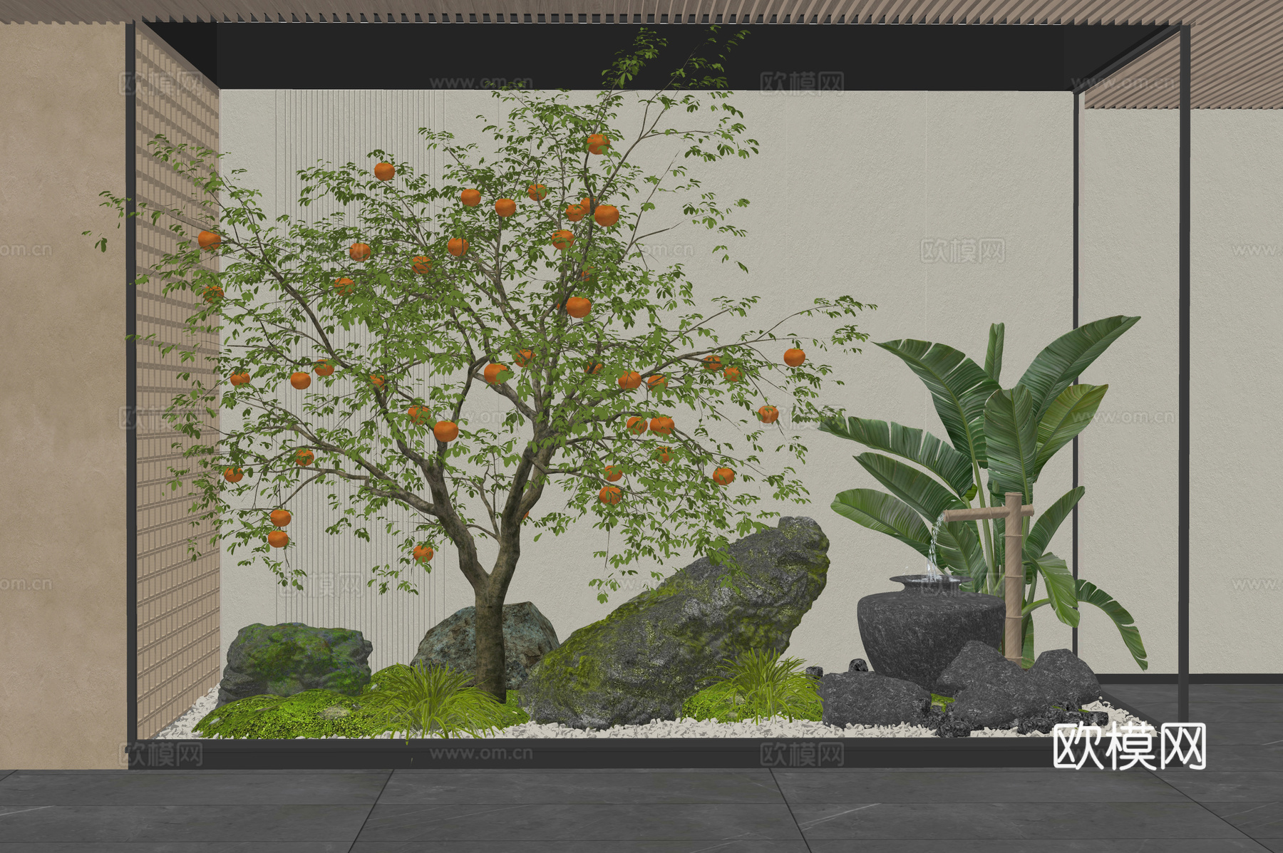 现代室内植物景观 柿子树 果树 景观石头 庭院小品 水景su模型