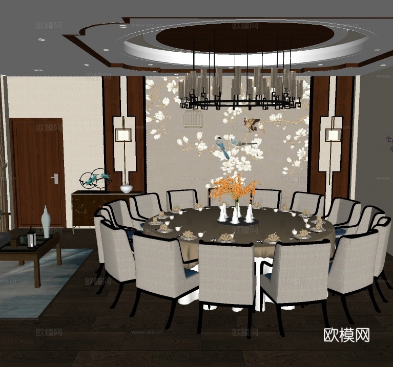 新中式餐厅包房su模型下载