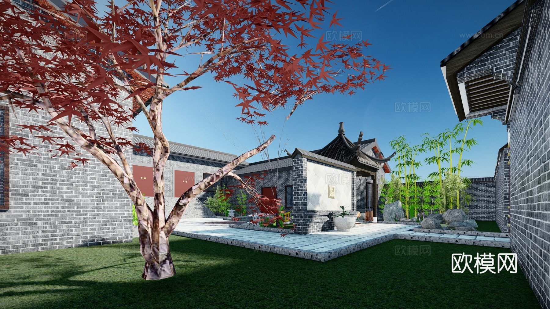 中式古建乡村四合院su模型下载