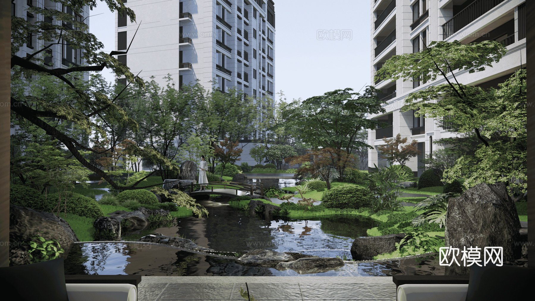 新中式住宅小区外观su模型下载