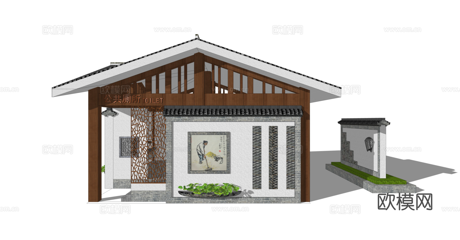 新中式厕所建筑外观su模型下载
