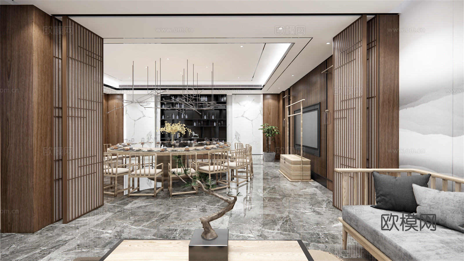 新中式餐厅包厢su模型下载