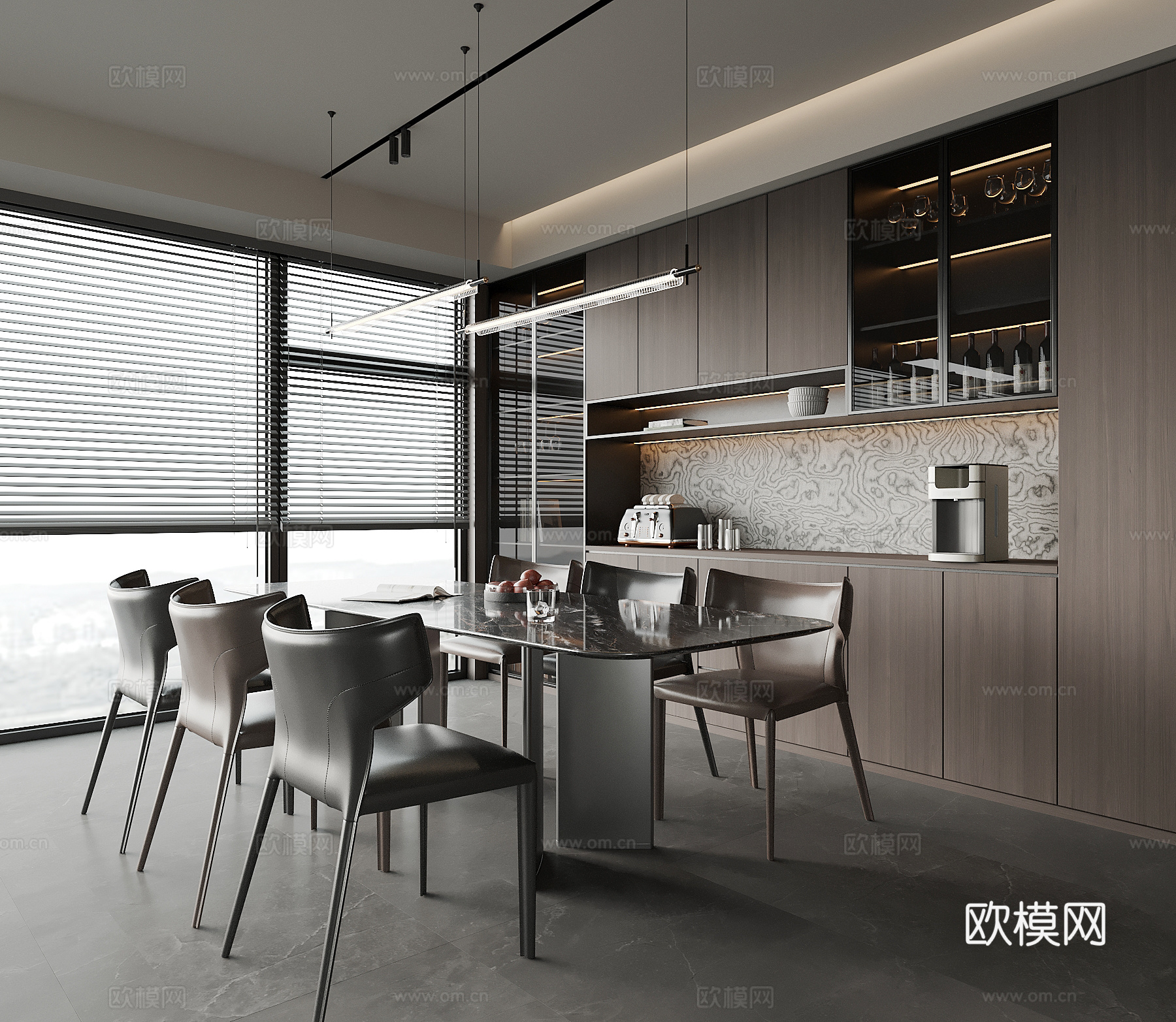 现代意式餐厅 餐桌椅 酒柜3d模型
