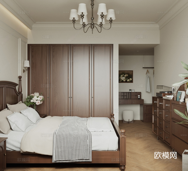 美式法式家居臥室 雙人床 床頭背景墻 衣柜 盆栽 床頭柜 吊3d模型下載(渲染圖2)