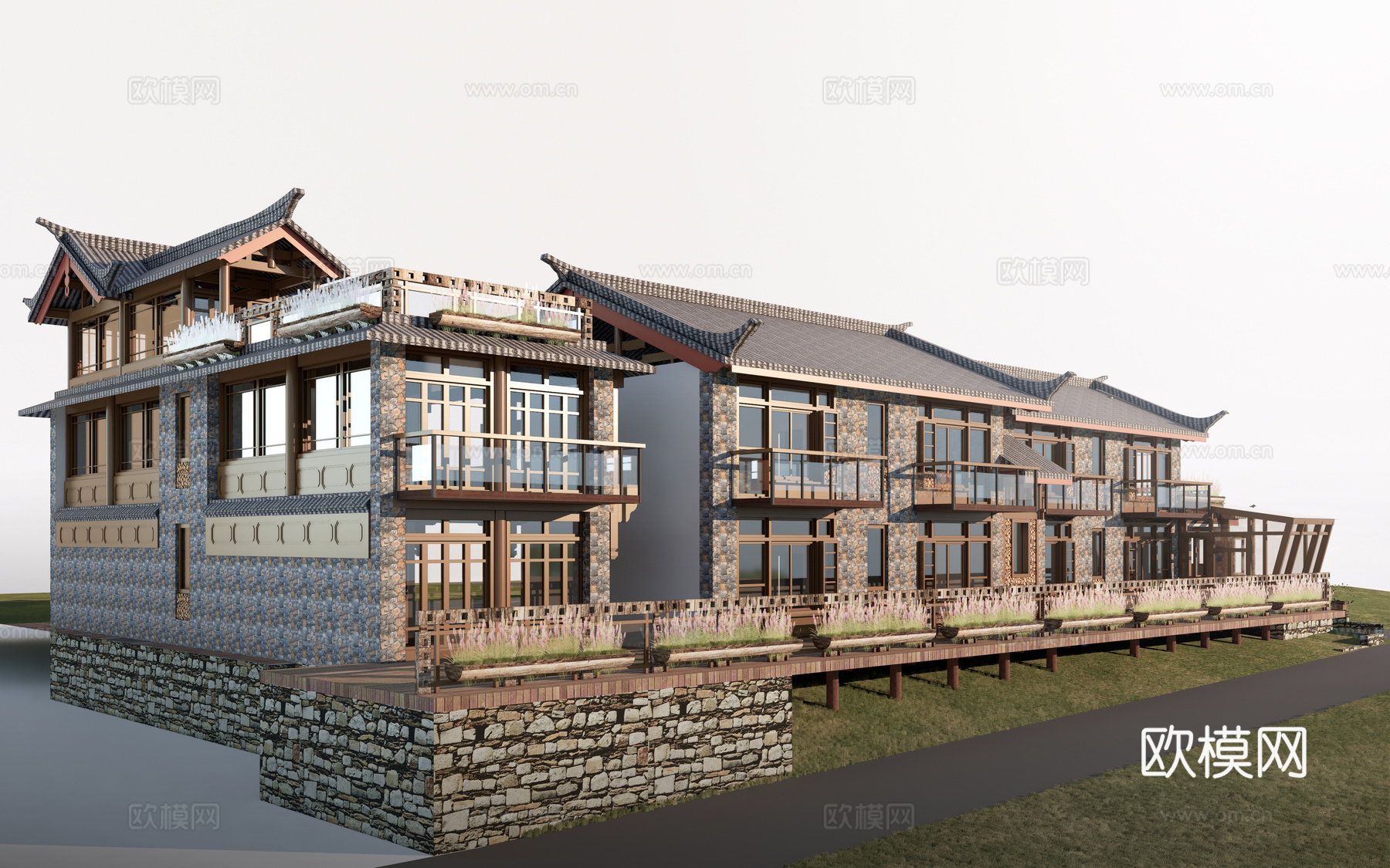 中式乡村民宿建筑外观su模型下载