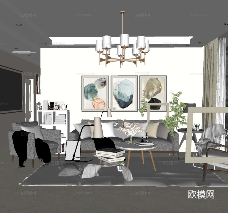 北欧客厅su模型下载