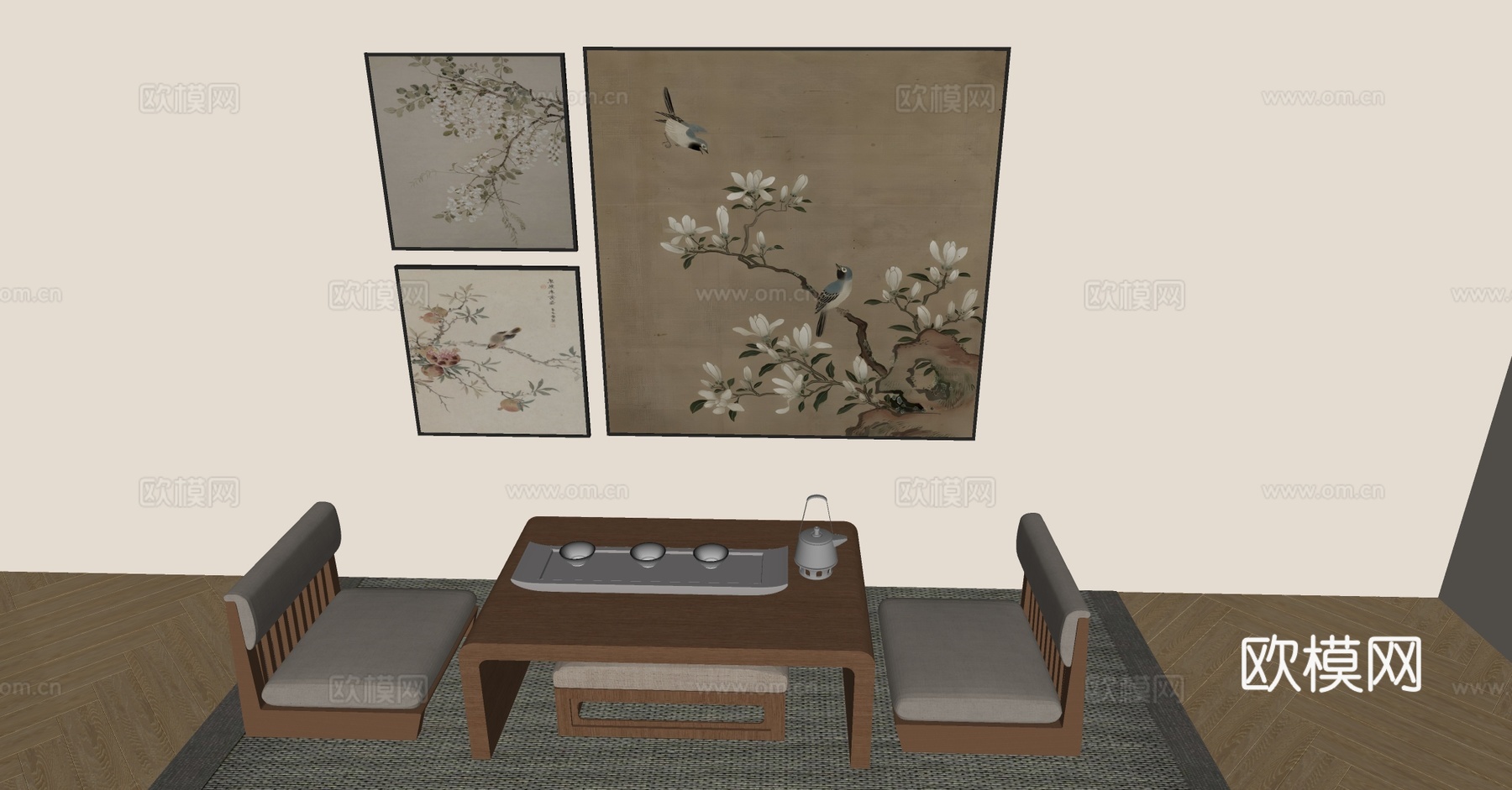 新中式禅意榻榻米茶室 宋式美学茶室 品茶区 中式榻榻米茶室su模型