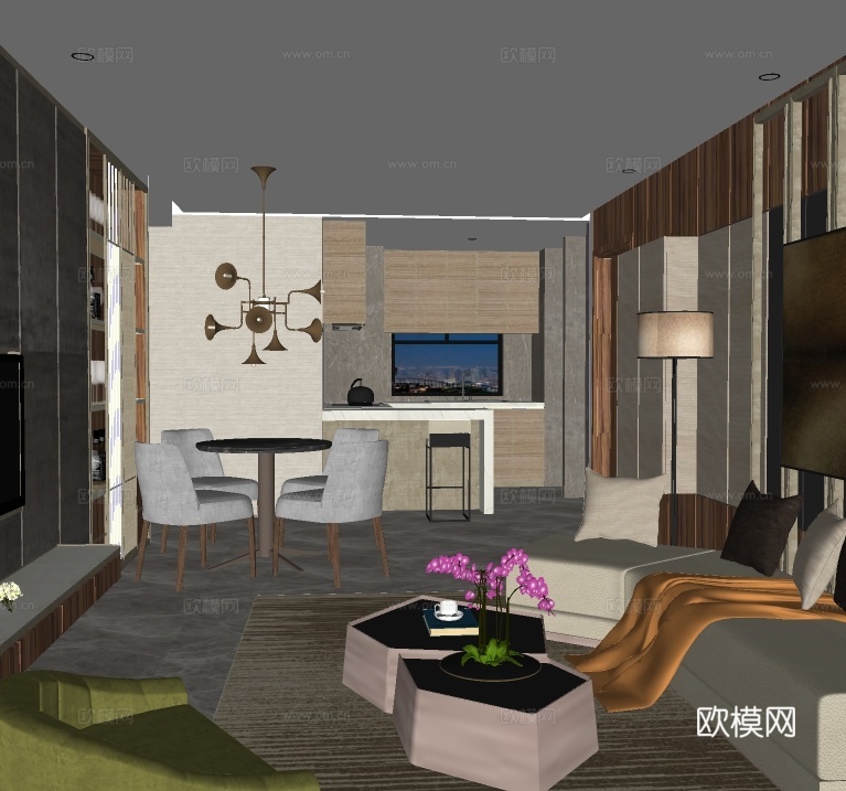 现代客厅餐厅su模型下载