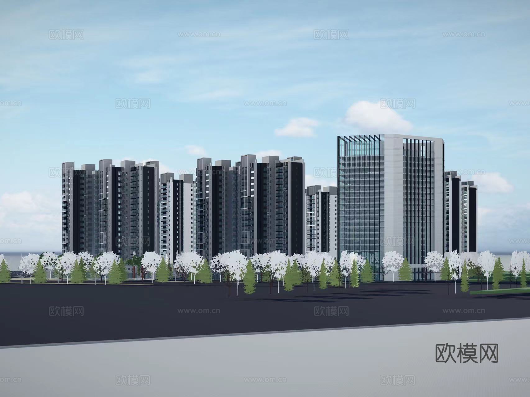 现代住宅小区建筑外观su模型下载