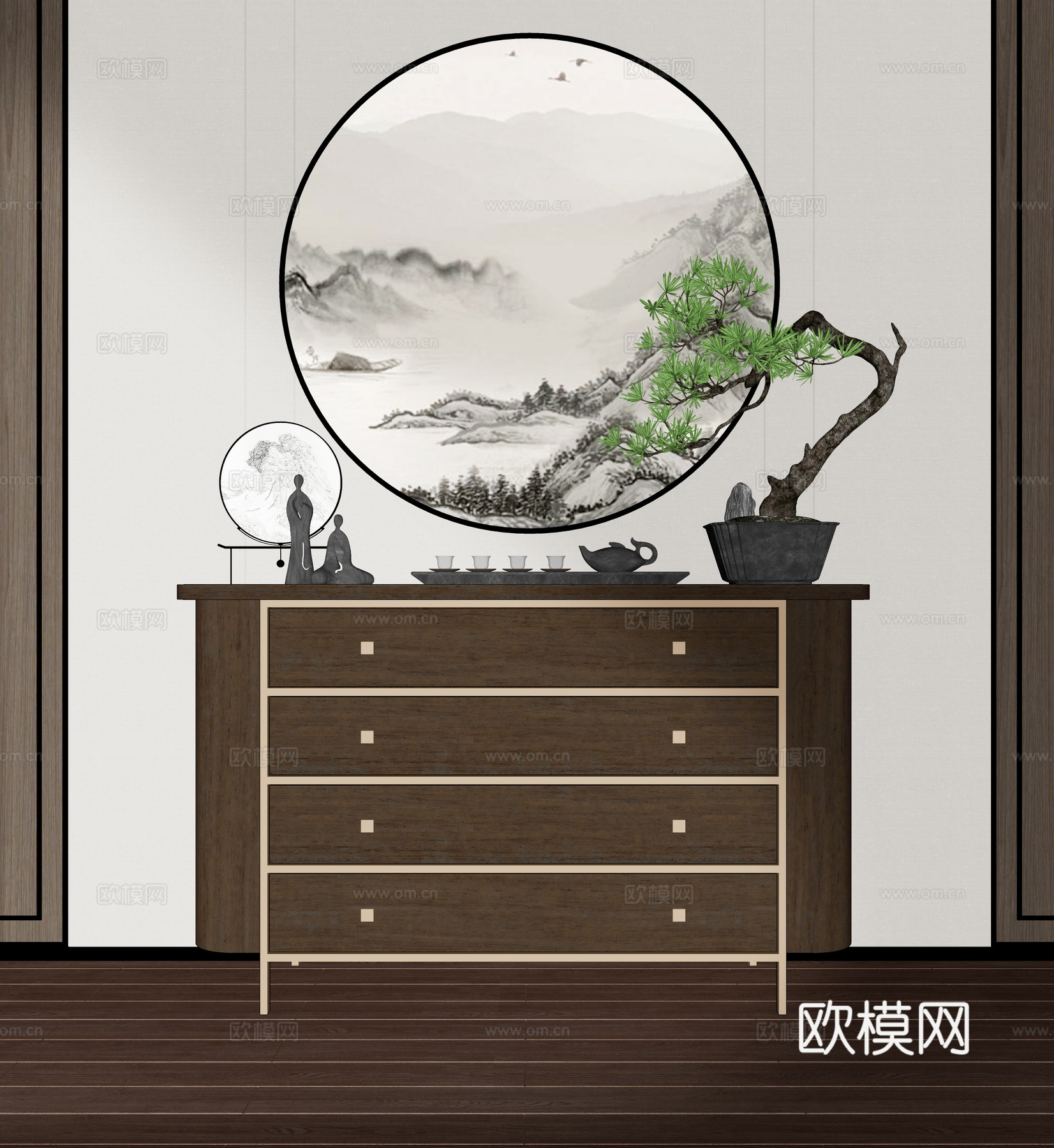 新中式玄关边柜su模型下载