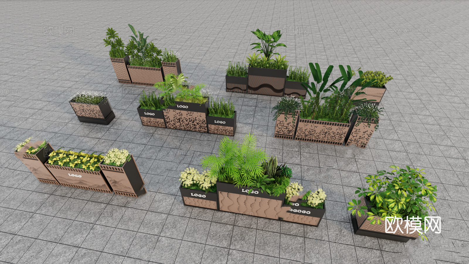 现代植物盆栽绿植花箱su模型