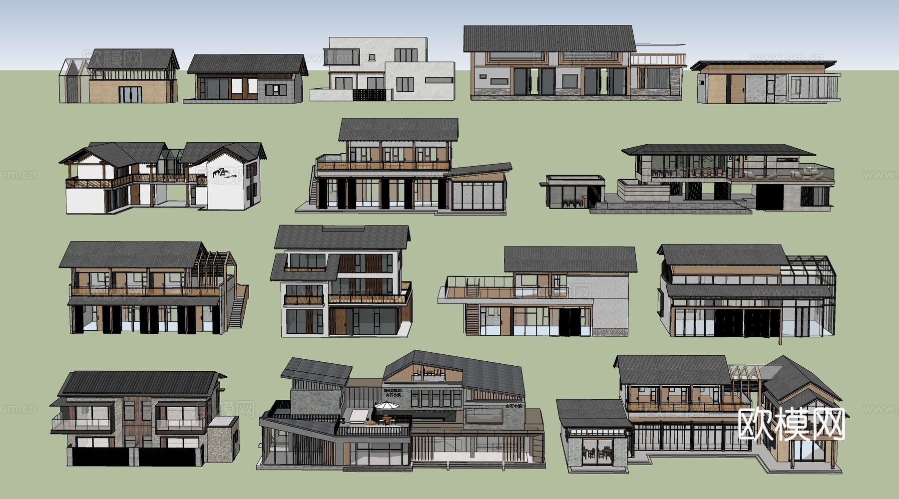 新中式民宿建筑 乡村民房 民宿酒店建筑 坡屋顶民宿su模型