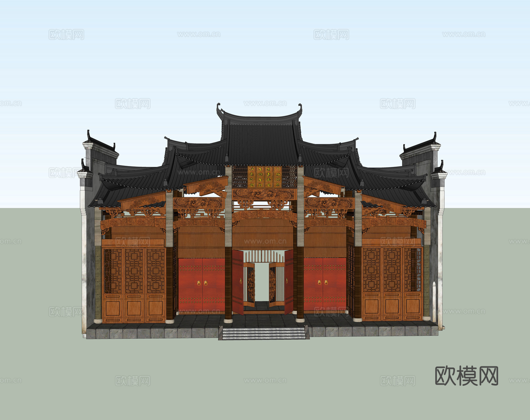 中式古建祠堂外观su模型下载