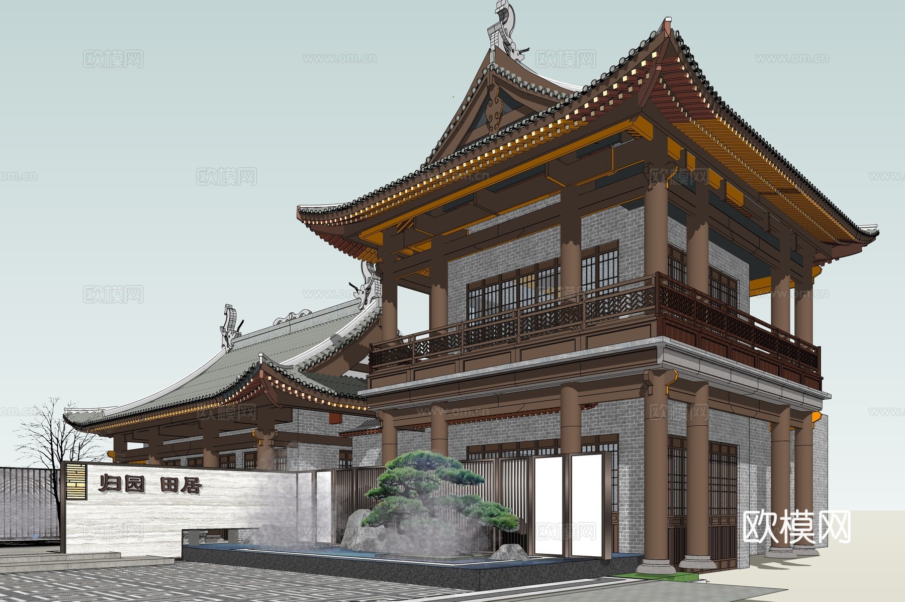 中式古建酒店外观su模型下载