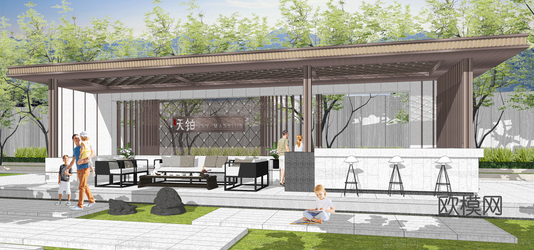 现代景观廊架su模型下载