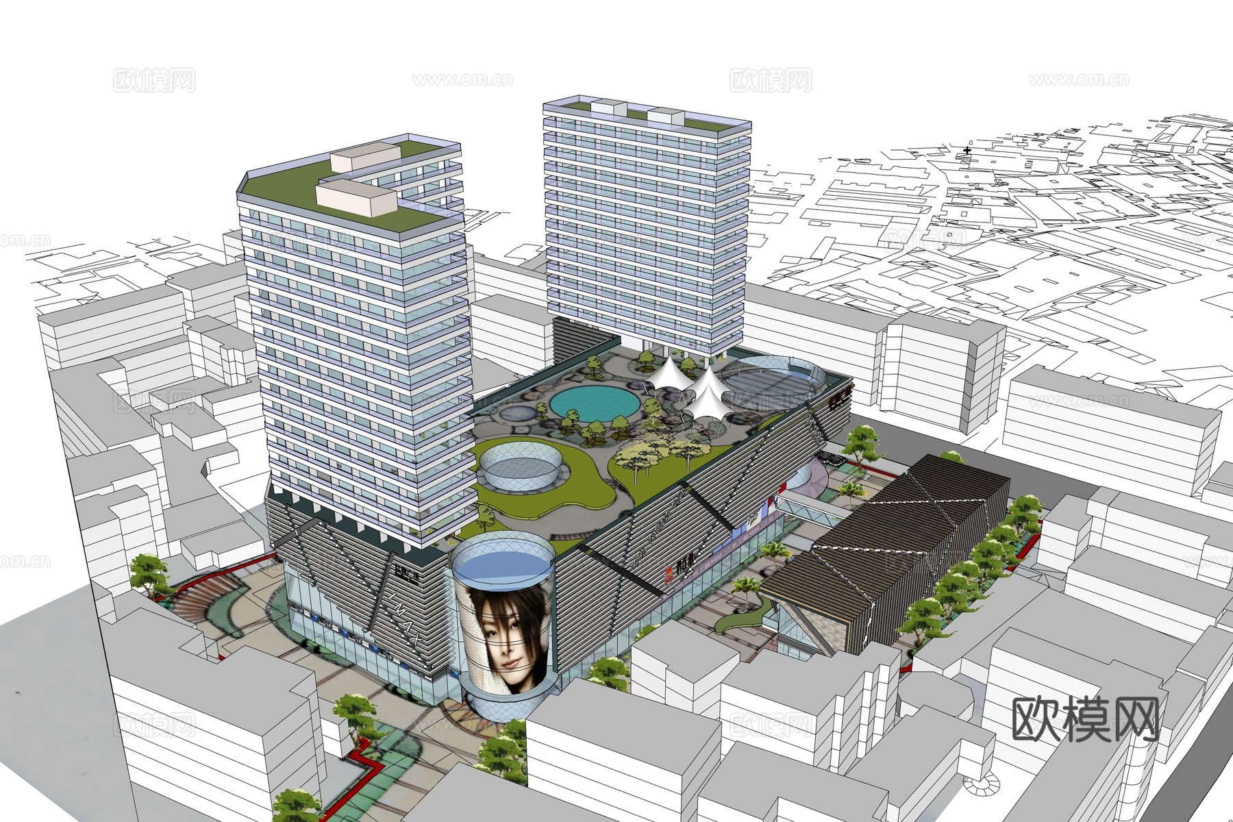 现代商业中心建筑外观su模型下载